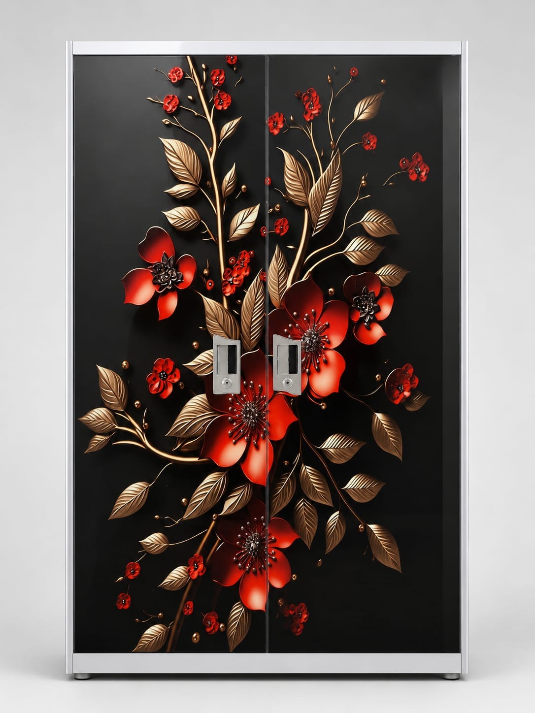 Steel Almirah — Black & Red Floral