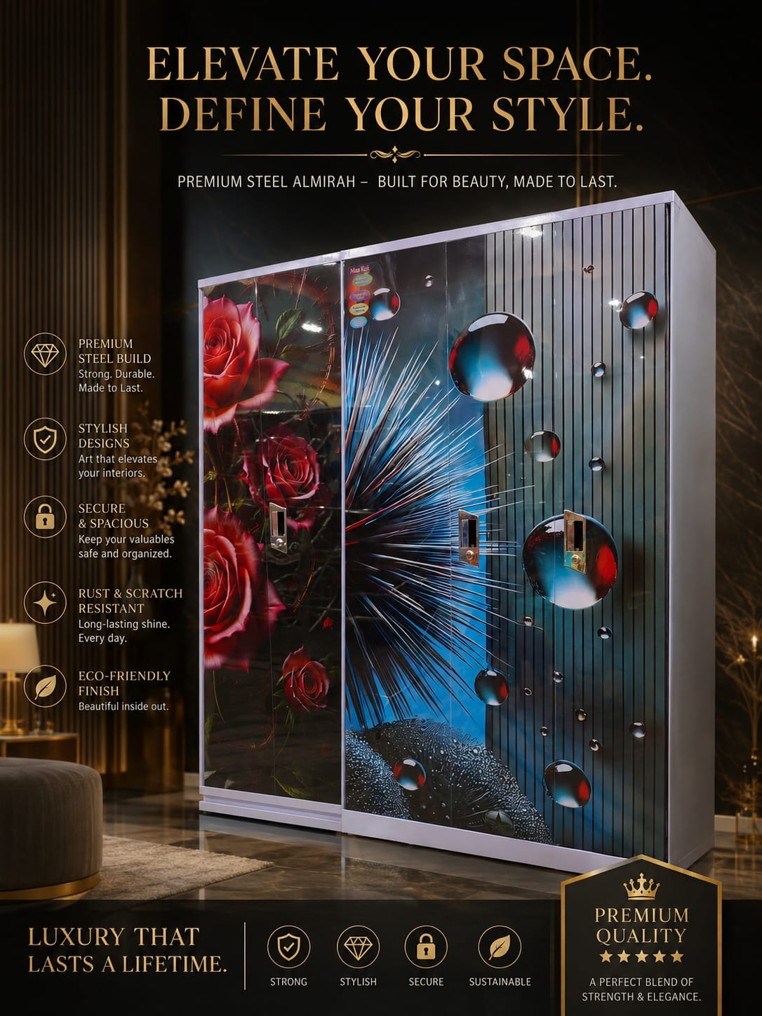 Premium Steel Almirah — Rose & Crystal
