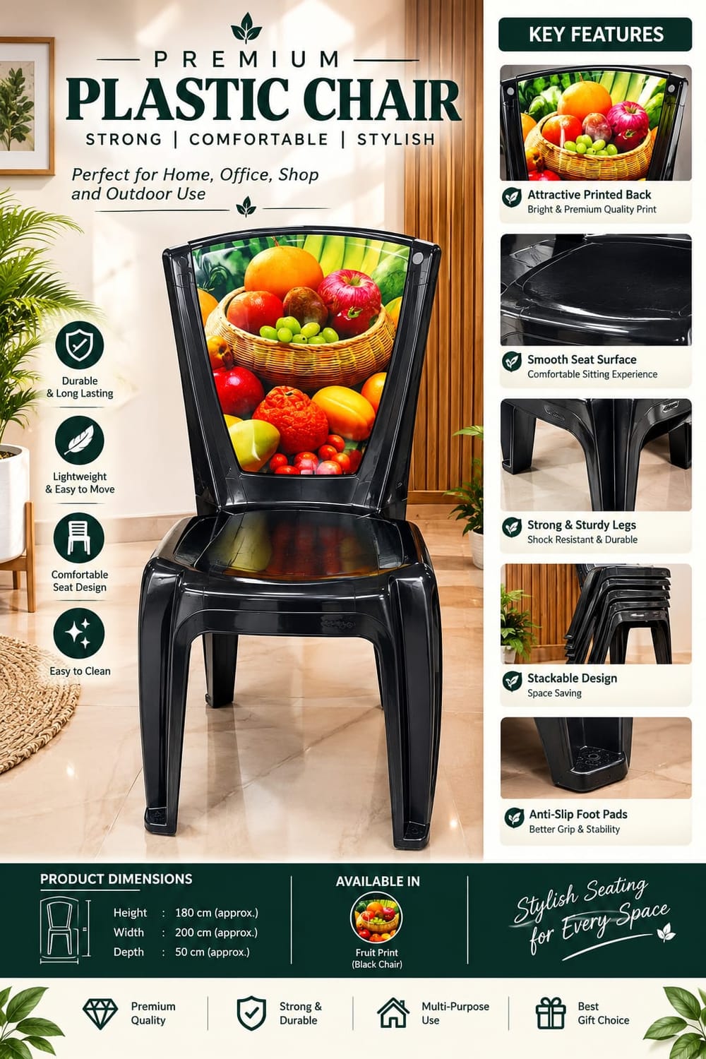 Premium Plastic Chair — Fruit Print Back