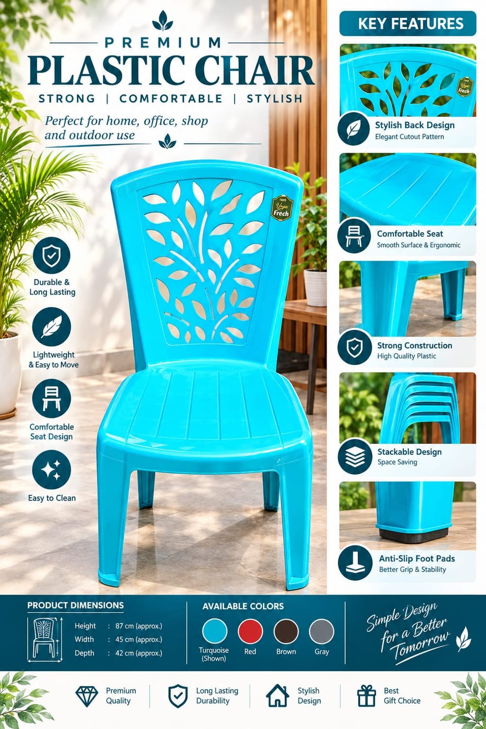 Premium Plastic Chair — Leaf Cut-out Back — Turquoise