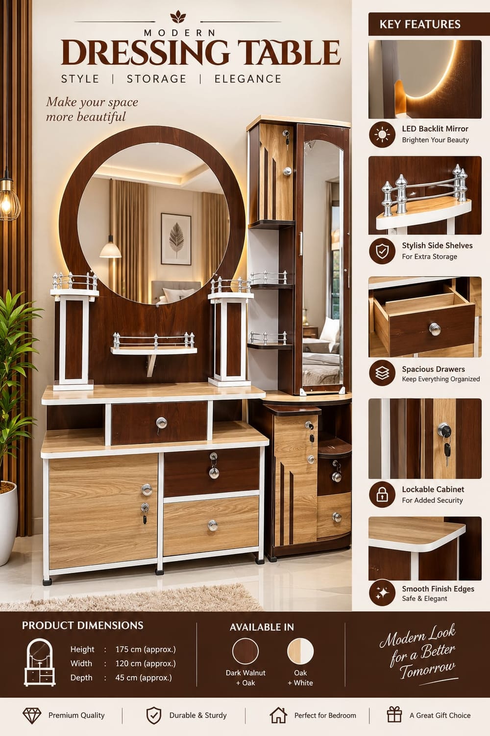 Modern Dressing Table with LED Mirror — Dark walnut + oak