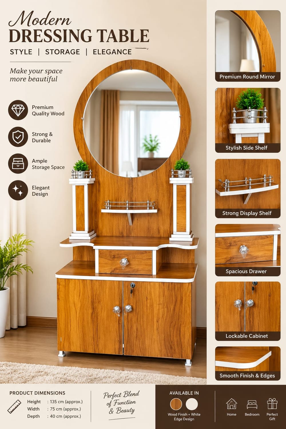 Modern Dressing Table — Round Mirror