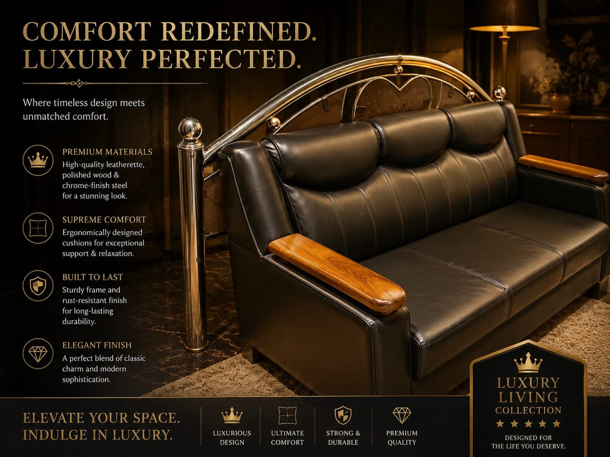 Luxury 3-Seater Leatherette Sofa — Black leatherette, wooden arms