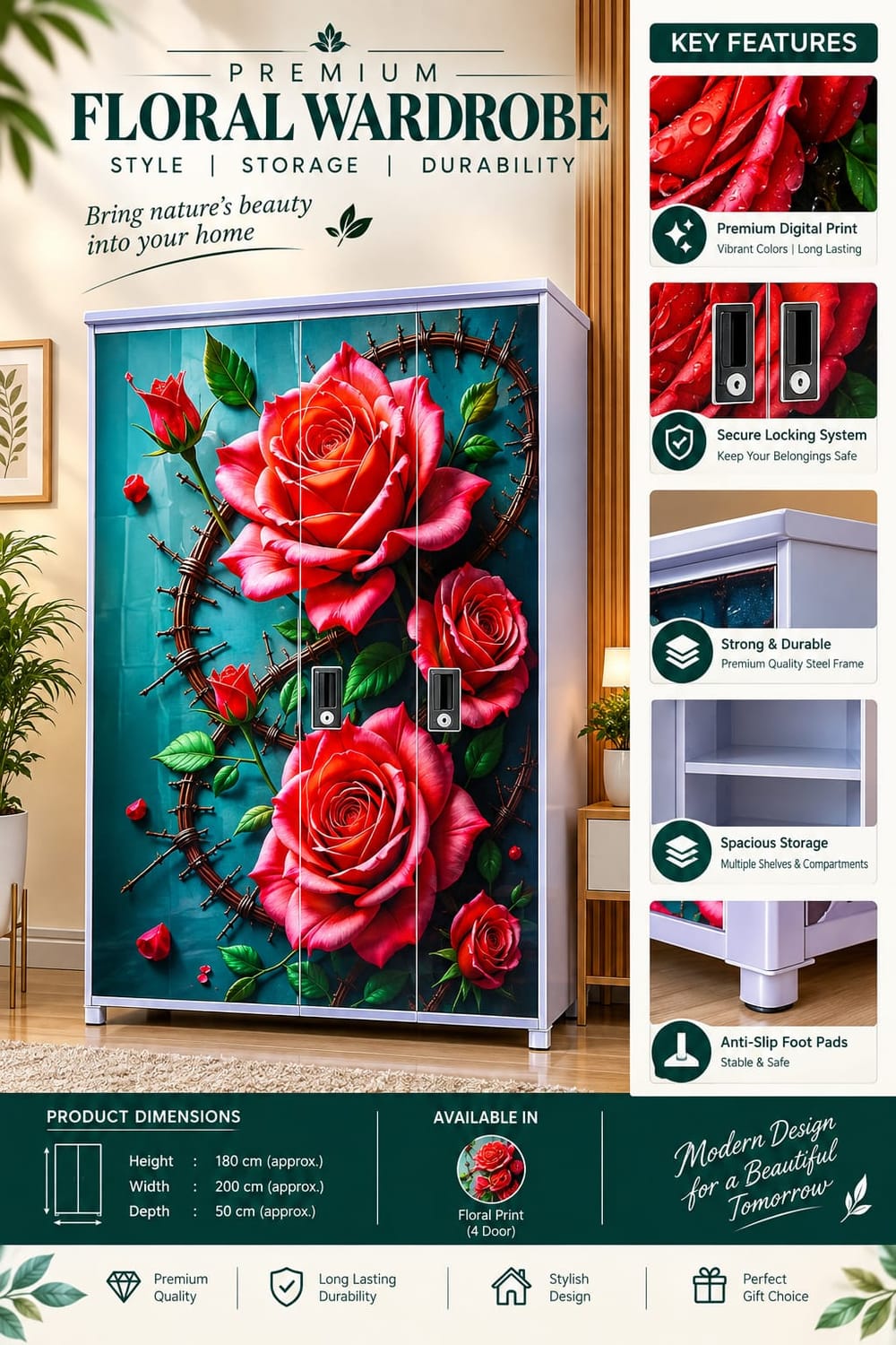 Premium Floral Wardrobe — Teal Rose
