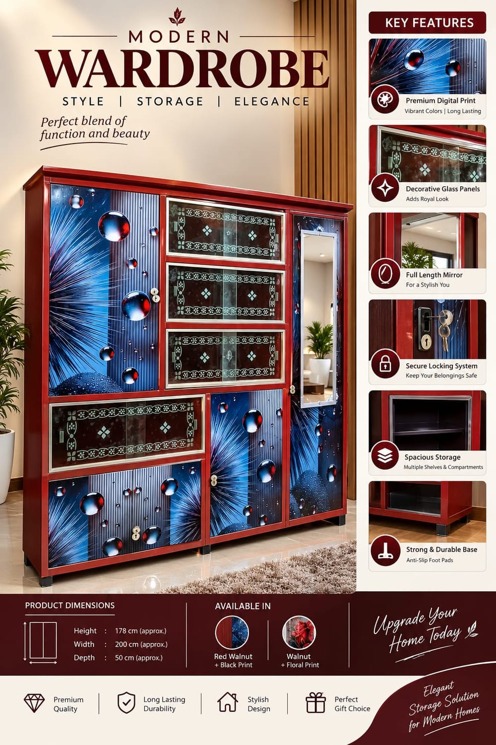 Modern Wardrobe with Mirror & Glass Panels